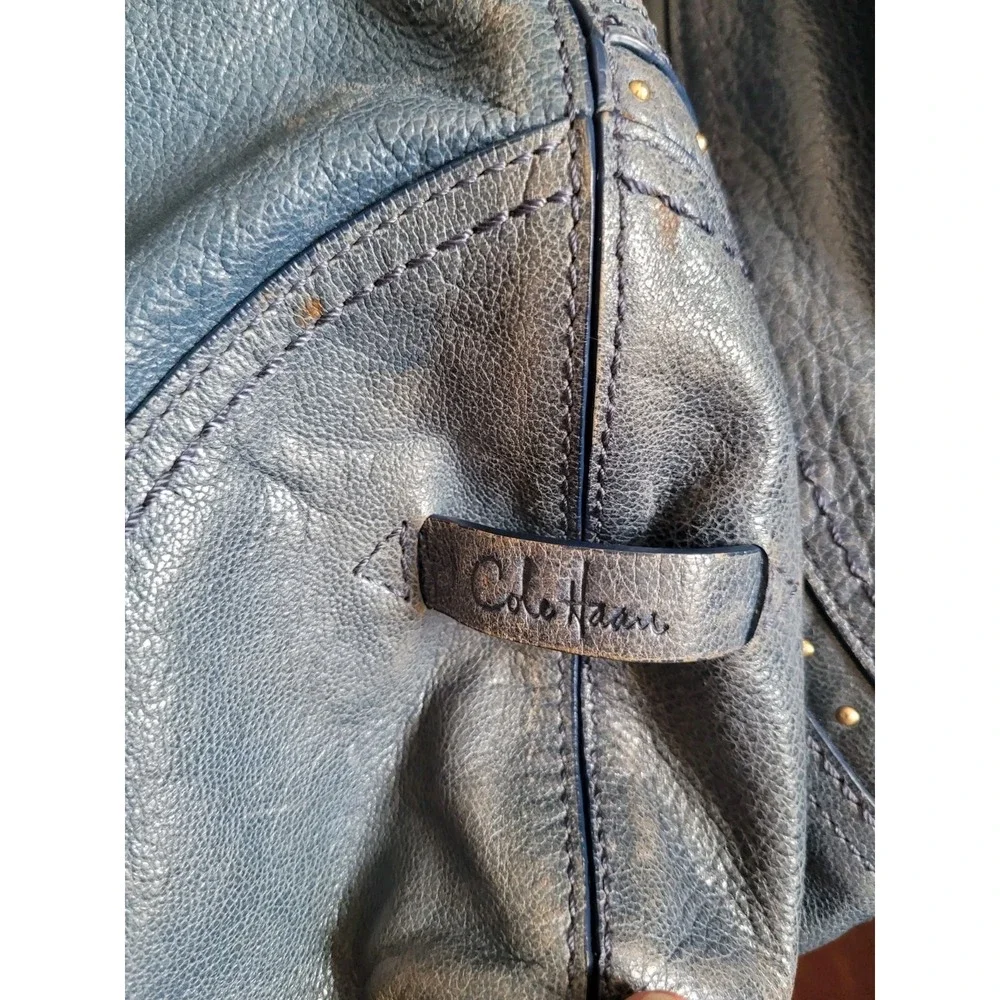 Cole Haan Blue Distressed Studded Leather Hobo Shoulder Bag
